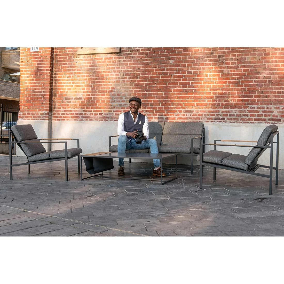 Trentino Loungeset 4-tlg. Edelstahl/Stoff Und Teak Armlehnen Grau Meliert 8 Trentino Loungeset 4-tlg. Edelstahl/Stoff Und Teak Armlehnen Grau Meliert – Bild 8