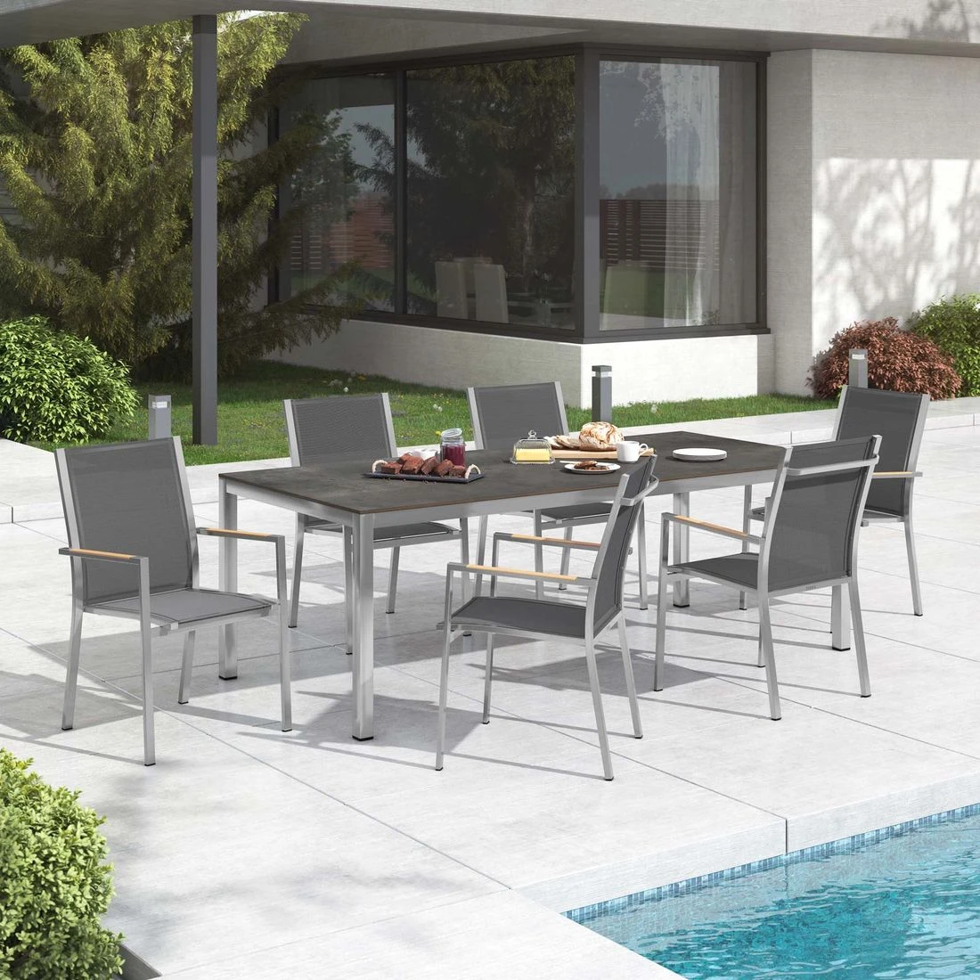 Zebra One Gartenmöbelset 7-tlg. Mit Tisch 220x100 Cm Silber/Zement Dunkel 1 Zebra One Gartenmöbelset 7-tlg. Mit Tisch 220x100 Cm Silber/Zement Dunkel